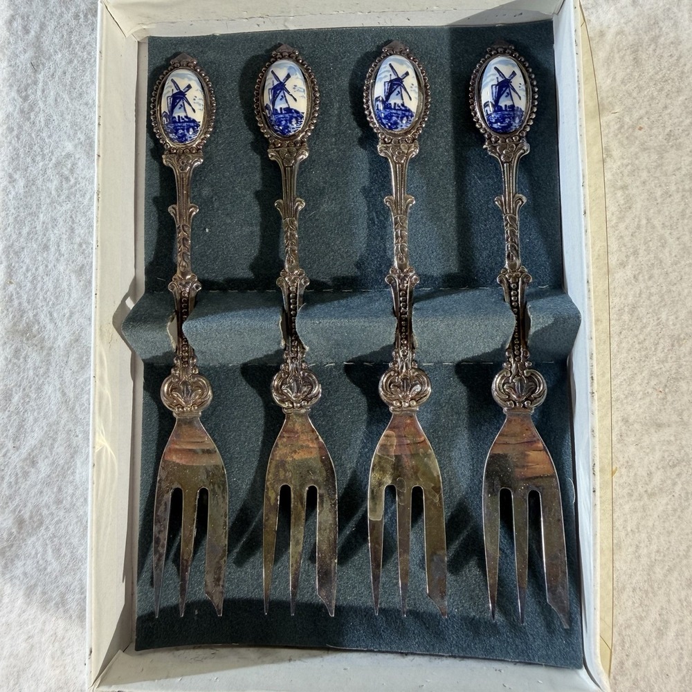 Vintage Dutch Silverplate Cocktail Forks Delft Windmill Handles Set of 4 Holland